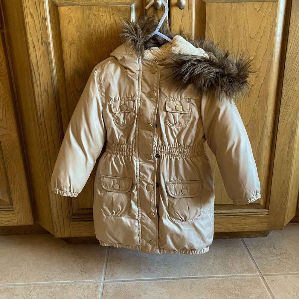 GAP Kids Tan Puffer Jacket with Faux Fur Hood